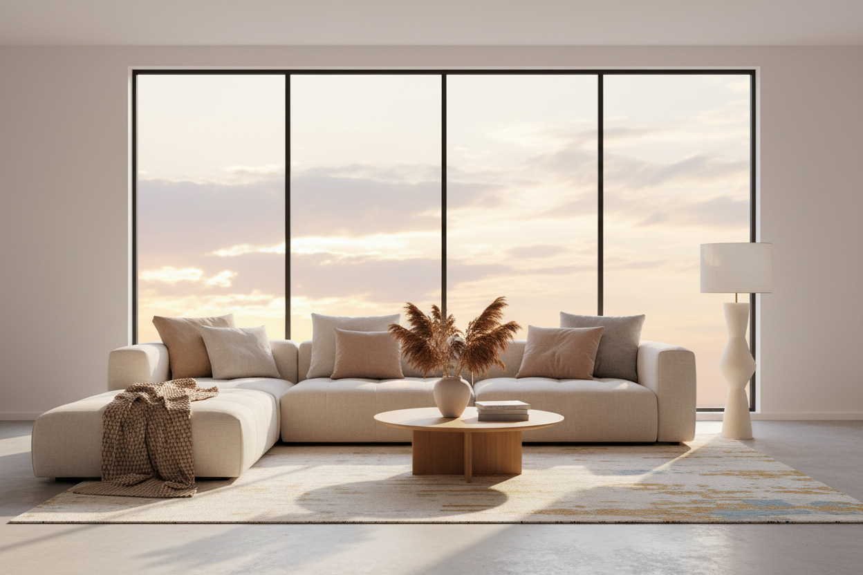 Soll einen weißen Hintergrund haben und sehr entspannt und cozy aussehen. Also couch mit licht und leichten Sonnenuntergang im Hintergrund. Sehr modern und einladend